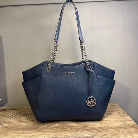 MICHAEL KORS Jet Set Chain Tote Shoulder Bag In Navy Blue Leather - Picture 1 of 10